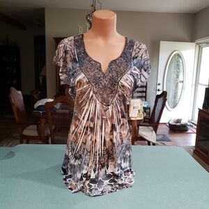 ONE WORLD Women's Floral Blouse - Blue and Tan